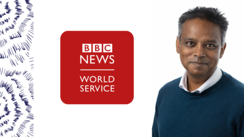 BBC World Service logo alongside photo of James Thaventhiran