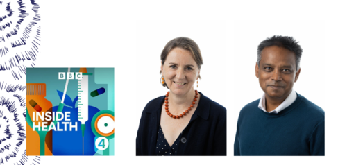 Logo for BBC Inside Health and profile photos of Anne Willis and James Thaventhiran